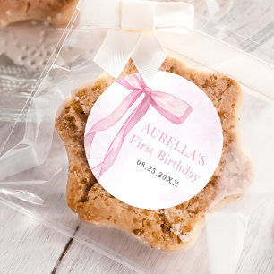 Girl Pink Bow 1st Birthday Party  Classic Round Sticker