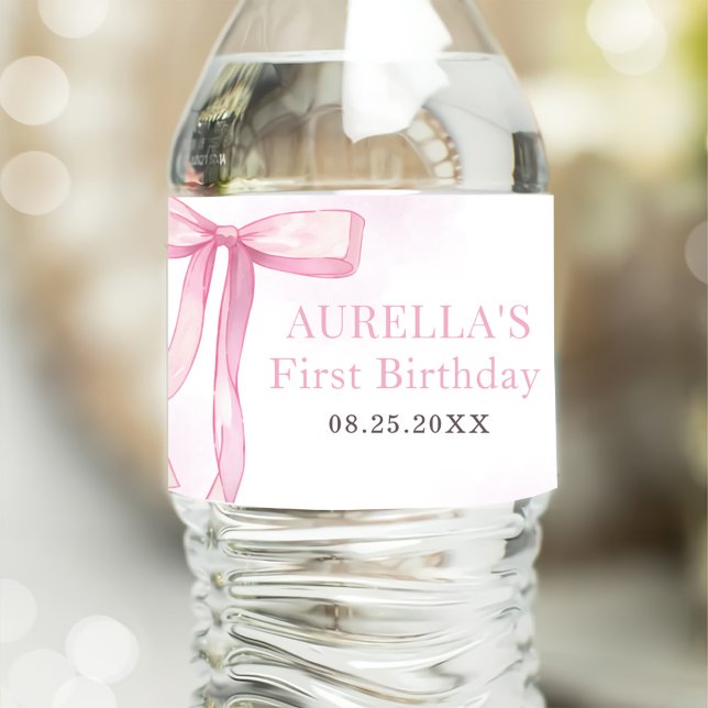 Girl Pink Bow 1st Birthday Party  Water Bottle Label (Creator Uploaded)