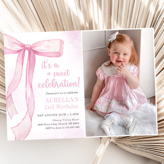 Girl Pink Bow 2nd Birthday Photo Invitation