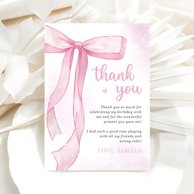 Girl Pink Bow Birthday Party Thank You Card (Creator Uploaded)