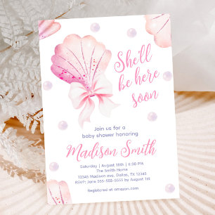 Girl Pink Bow Shell Baby Shower Invitation