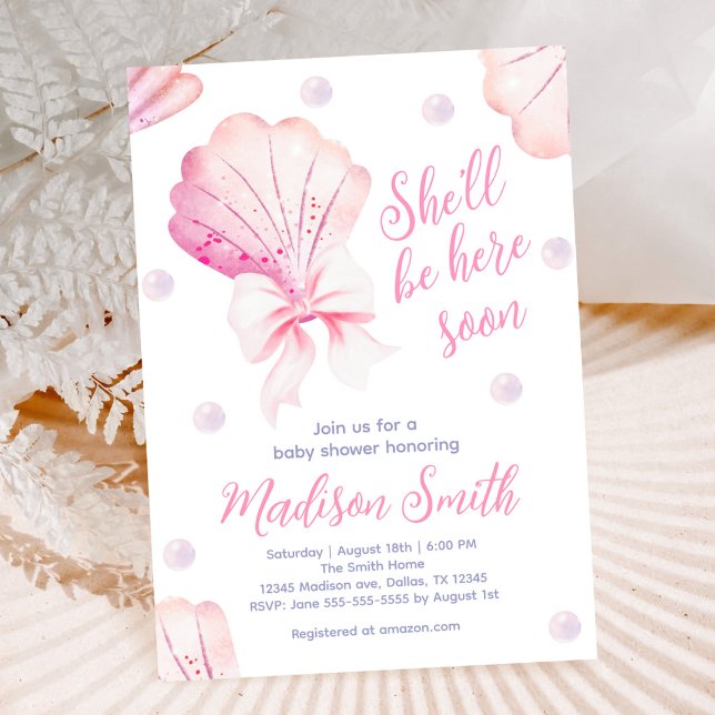 Girl Pink Bow Shell Baby Shower Invitation (Creator Uploaded)