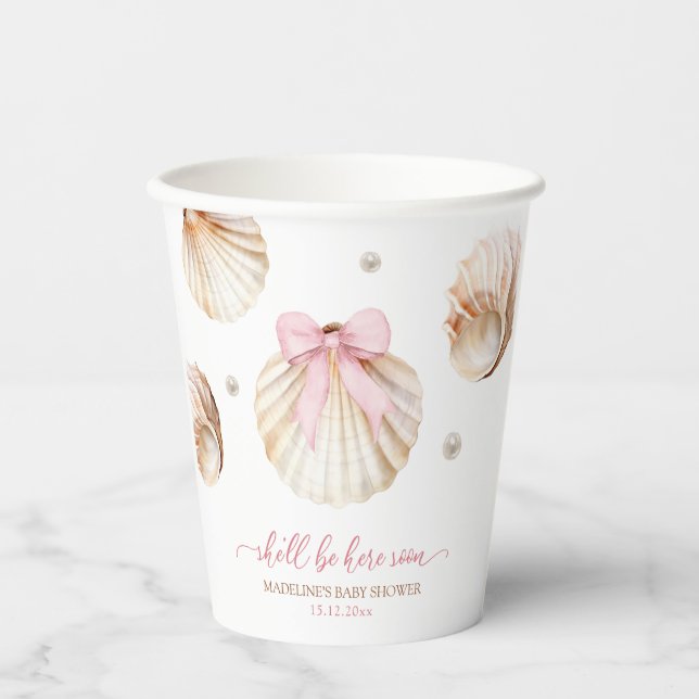 Girl Pink Bow Shell Baby Shower Paper Cups (Front)