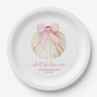 Girl Pink Bow Shell Baby Shower Paper Plate