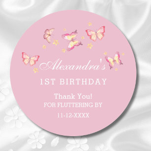 Girl Pink Butterfly 1st Birthday Thank You Classic Round Sticker