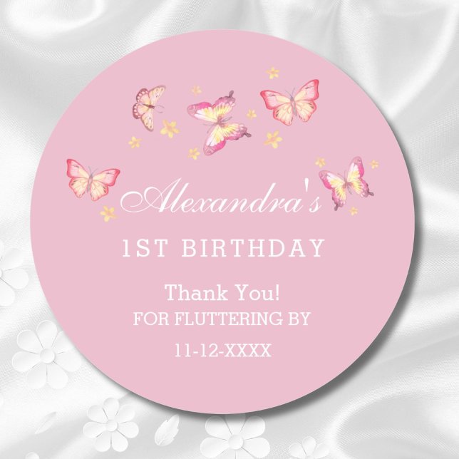 Girl Pink Butterfly 1st Birthday Thank You  Classic Round Sticker (Creator Uploaded)