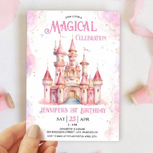 Girl Pink Castle Princess 1st Birthday Party Invitation