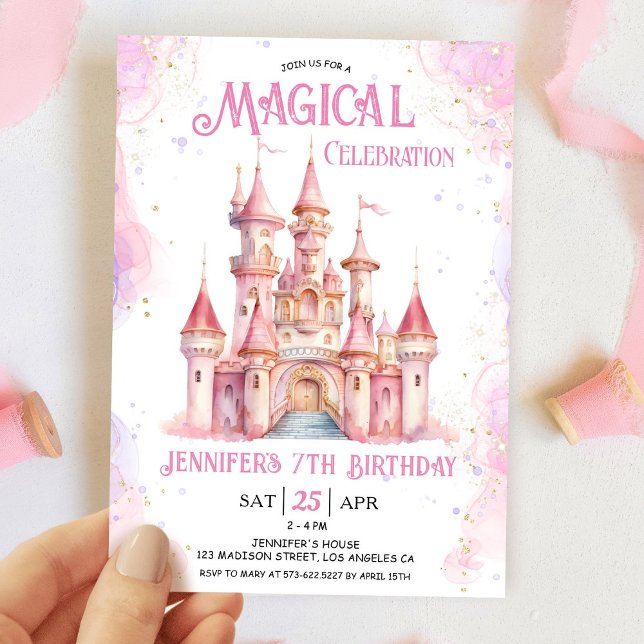 Girl Pink Castle Princess 7th Birthday Party Invitation (Creator Uploaded)