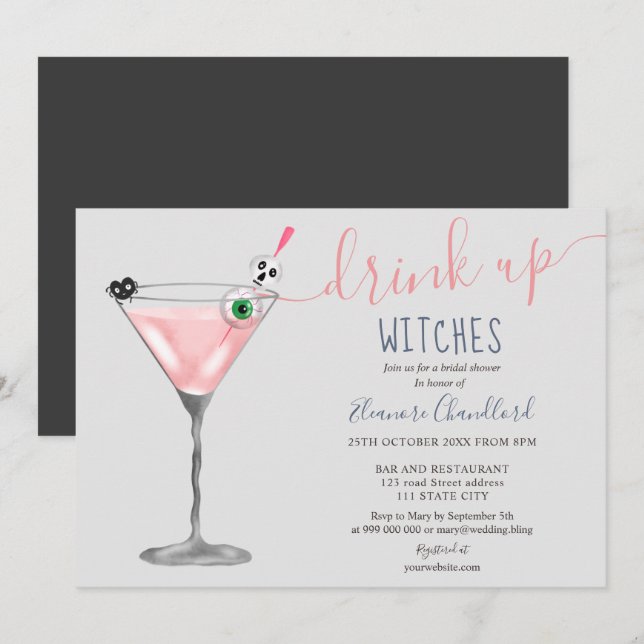 Girl pink cocktail witches Halloween bridal shower Invitation (Front/Back)