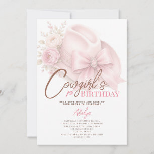 Girl Pink Coquette Script Cowgirl 1st Birthday Invitation