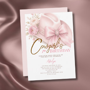 Girl Pink Coquette Script Cowgirl 1st Birthday Invitation