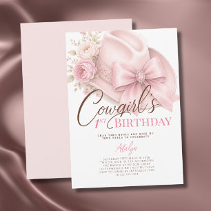 Girl Pink Coquette Script Cowgirl 1st Birthday Invitation