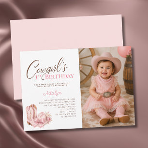 Girl Pink Cowgirl Script Photo 1st Birthday Invitation