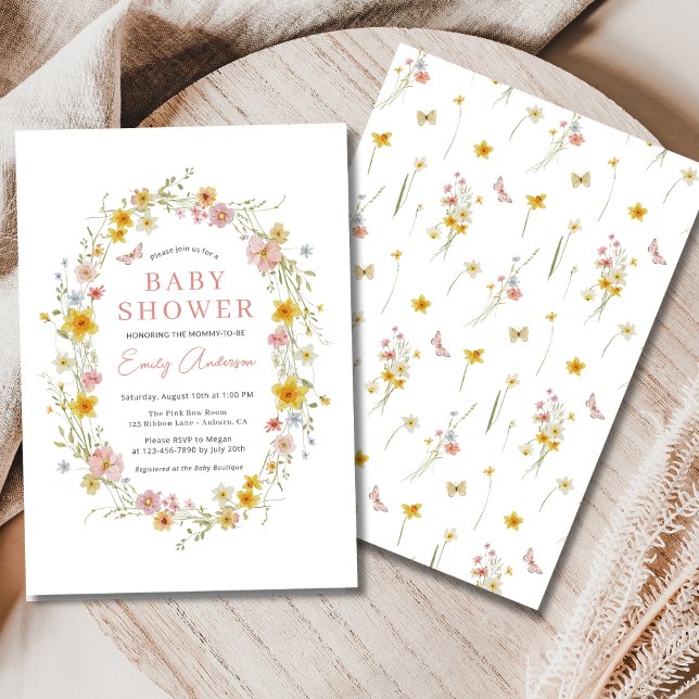 Girl Pink Cute Butterfly Wildflower Baby Shower Invitation (Creator Uploaded)