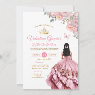Girl Pink Dress Quinceañera 15 Anos Flowers Gold Invitation