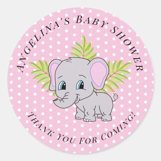Girl Pink Elephant Cute Baby Shower Classic Round Sticker (Front)