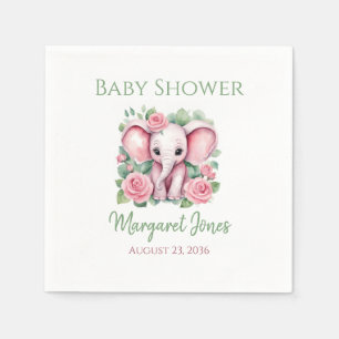 Girl Pink Elephant Roses Baby Shower Paper Napkins