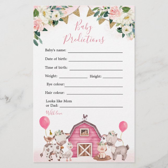 Girl Pink Farm Baby Shower Baby Predictions (Front)