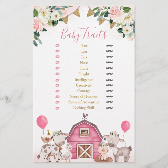 Girl Pink Farm Baby Shower Baby Traits (Front)
