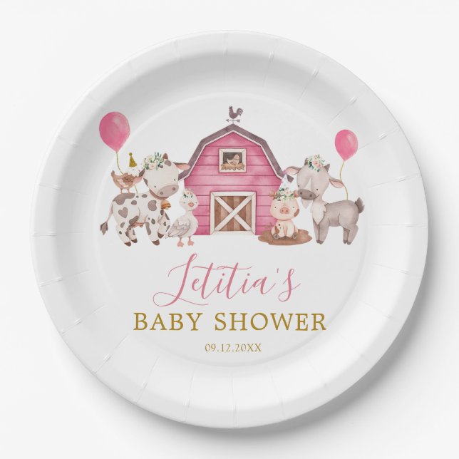 Girl Pink Farm Baby Shower Paper Plate (Front)