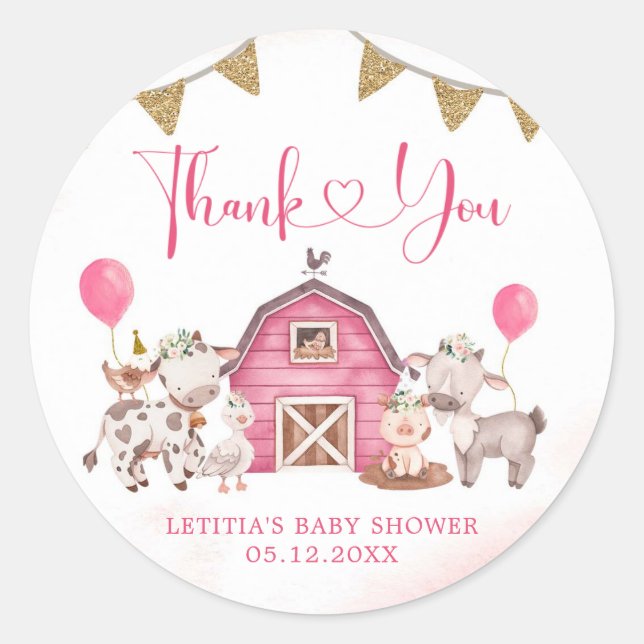 Girl Pink Farm Baby Shower Thank You Sticker (Front)
