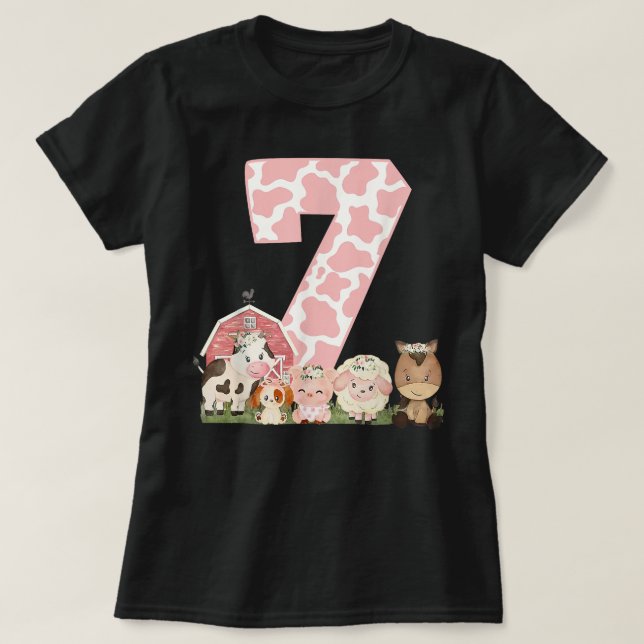 Girl Pink Farm Barnyard 7th Birthday Outfit Girl 7 T-Shirt (Design Front)