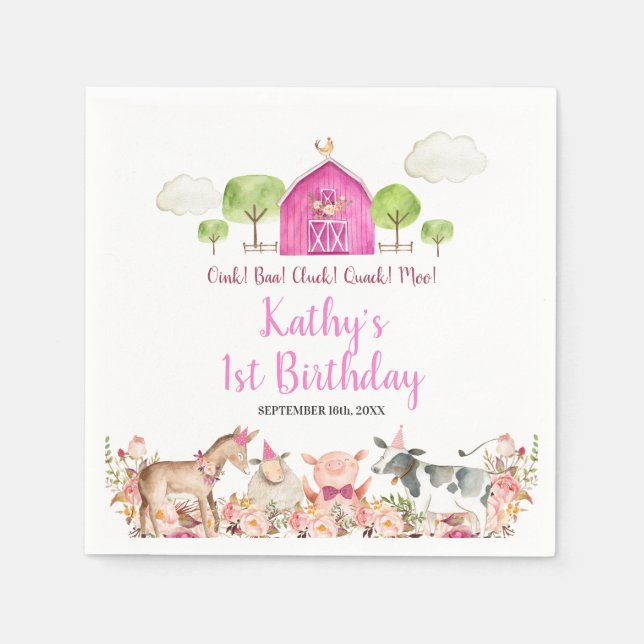 Girl Pink Farm House Animals Barnyard 1st Birthday Napkin (Front)