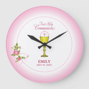 Girl Pink First Holy Communion, Chalice, Host, Ros Large Clock