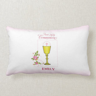 Girl Pink First Holy Communion, Chalice, Host, Ros Lumbar Cushion