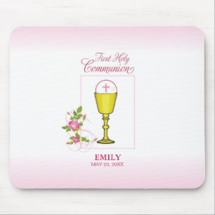 Girl Pink First Holy Communion, Chalice, Host, Ros Mouse Pad