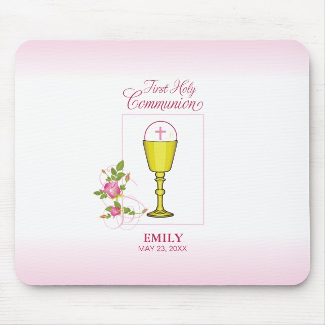 Girl Pink First Holy Communion, Chalice, Host, Ros Mouse Pad (Front)