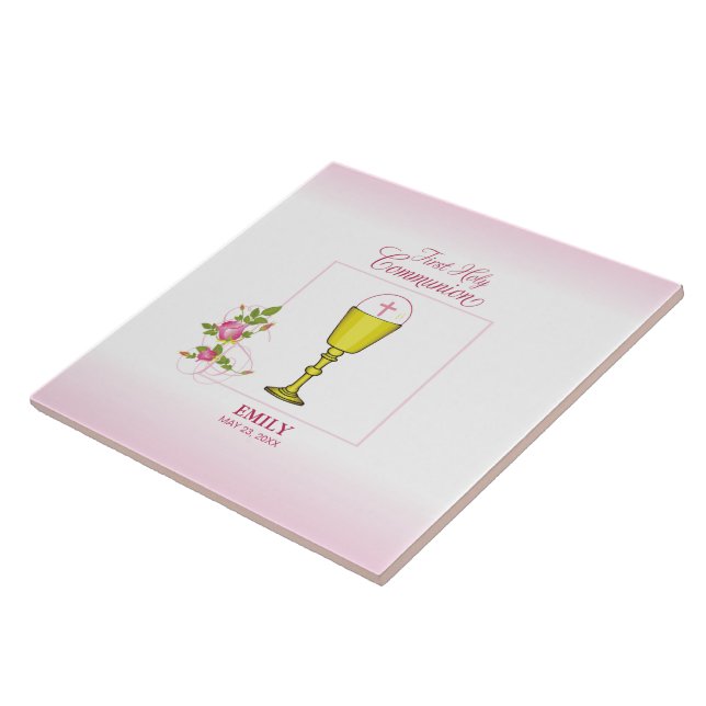 Girl Pink First Holy Communion, Chalice, Host, Ros Tile (Side)