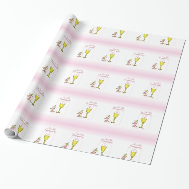Girl Pink First Holy Communion, Chalice, Host, Ros Wrapping Paper (Unrolled)