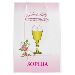 Girl Pink First Holy Communion Chalice Host Roses Medium Gift Bag