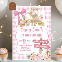Girl Pink Floral Lamb First Birthday Invitation