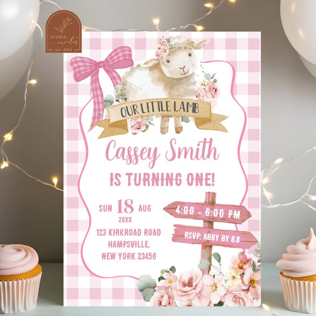 Girl Pink Floral Lamb First Birthday Invitation (Creator Uploaded)