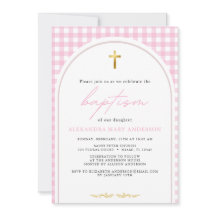 Girl pink gingham modern minimalistic baptism