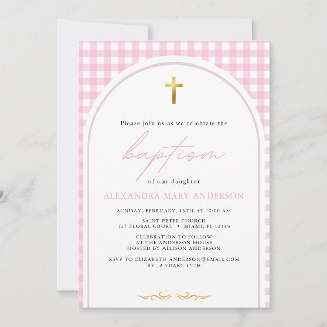 Girl pink gingham modern minimalistic baptism invitation (Front)