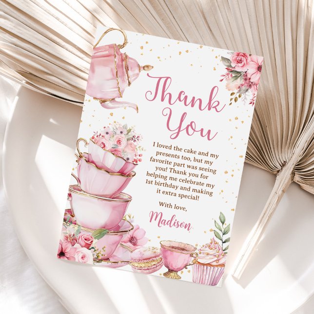 Girl Pink & Gold Floral Tea Party Birthday Thank You Card (Creator Uploaded)
