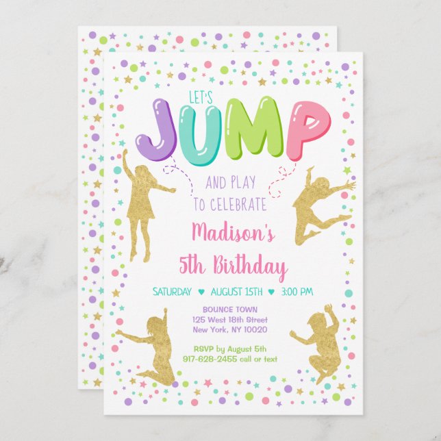 Girl Pink Gold Rainbow Jump Bounce Party Birthday Invitation (Front/Back)