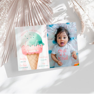 Girl Pink Ice Cream Birthday Photo Invitation