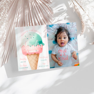Girl Pink Ice Cream Birthday Photo Invitation