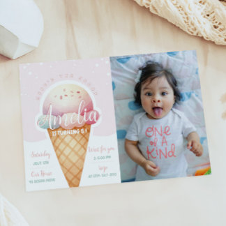 Girl Pink Ice Cream Birthday Photo Invitation