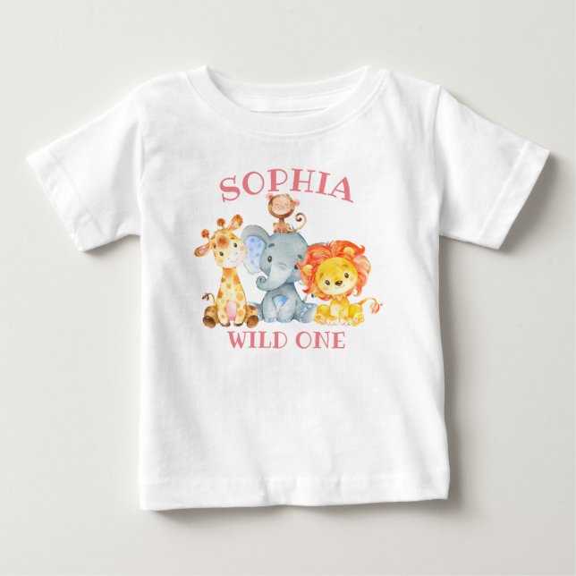 Girl Pink Jungle Animals Wild One Birthday Cute Baby T-Shirt (Front)