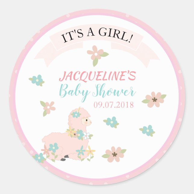 Girl Pink Llama Floral Baby Shower Classic Round Sticker (Front)