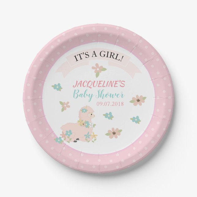 Girl Pink Llama Floral Baby Shower Paper Plate (Front)