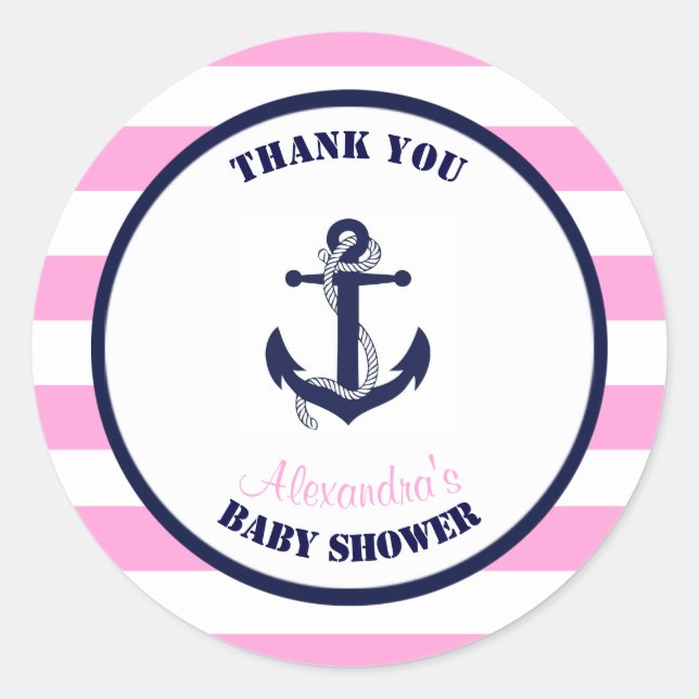 Girl Pink Nautical Baby Shower Thank You Favour Classic Round Sticker (Front)