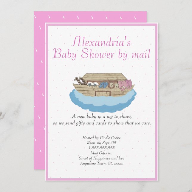 Girl Pink Noah Ark Baby Shower by mail Invitation (Front/Back)
