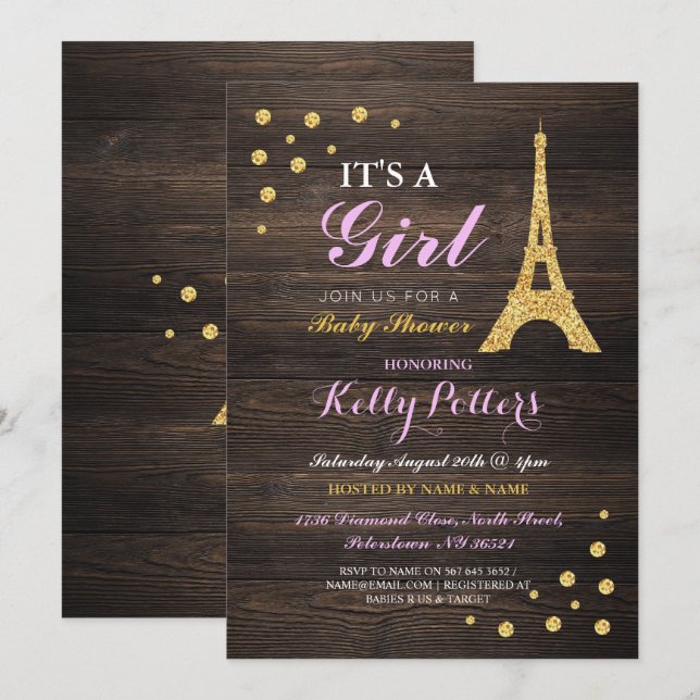 Girl Pink Paris Gold Baby Shower Wood Invite (Front/Back)