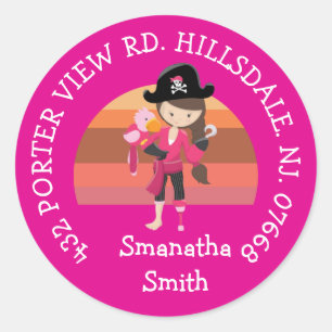 Girl Pink Parrot Pirate Party  ADDRESS  Classic Ro Round Sticker